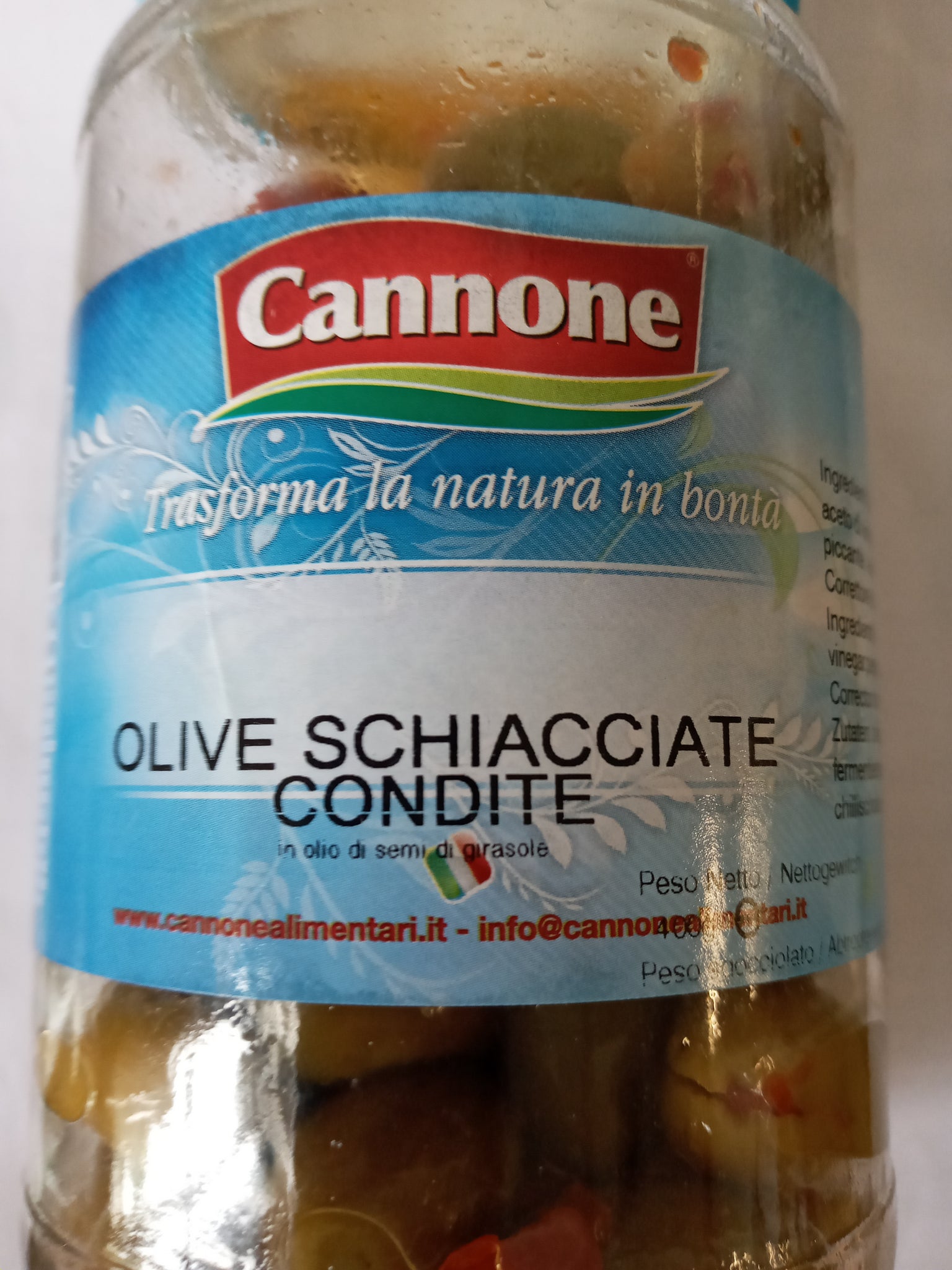 Cannone Olive Schiacciate Condite 400g (Spicy Peppers)